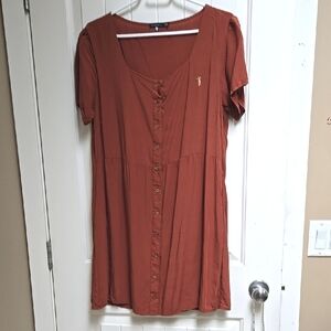 Bossini Cotron Dark Burnt Orange Brownish Short Sleeve Dress Women's Button Up